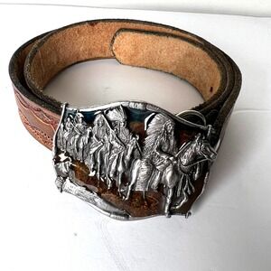 Vtg 1984 Bergamot Brass‎ Works Western Indian Horse Belt Buckle Hand Tooled Belt